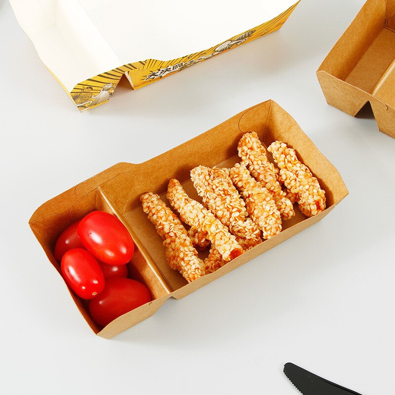 50pcs Disposable Kraft Paper Food Serving Tray Two Grids Snack French Fries Chicken Salad Carton Take Out Containers For Party