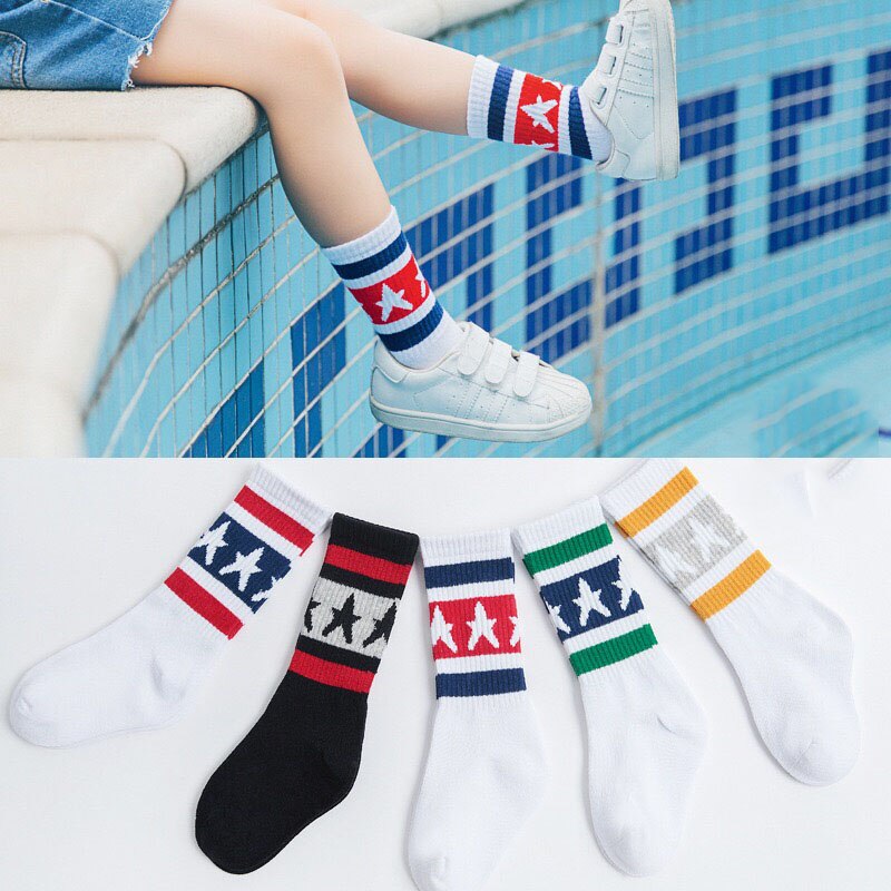 Lot de 5 paires de chaussettes en coton à rayures étoiles pour garçons et enfants, collection printemps-automne