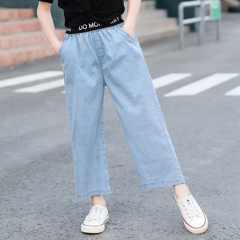 Casual piger løse bukser baby børn tøj elastik talje piger jeans brede ben bukser til 6 8 10 12 år vestidos