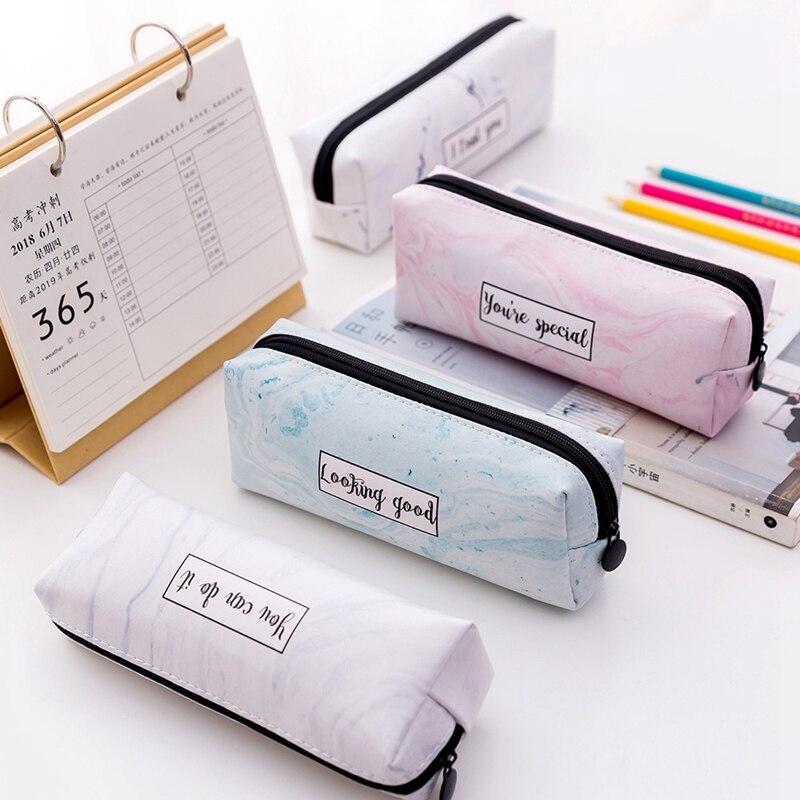 Leuke Etui Marmer Patroon Lederen Pen Tas Potlood Doos Potlood Tas Briefpapier Pouch Office School Supply