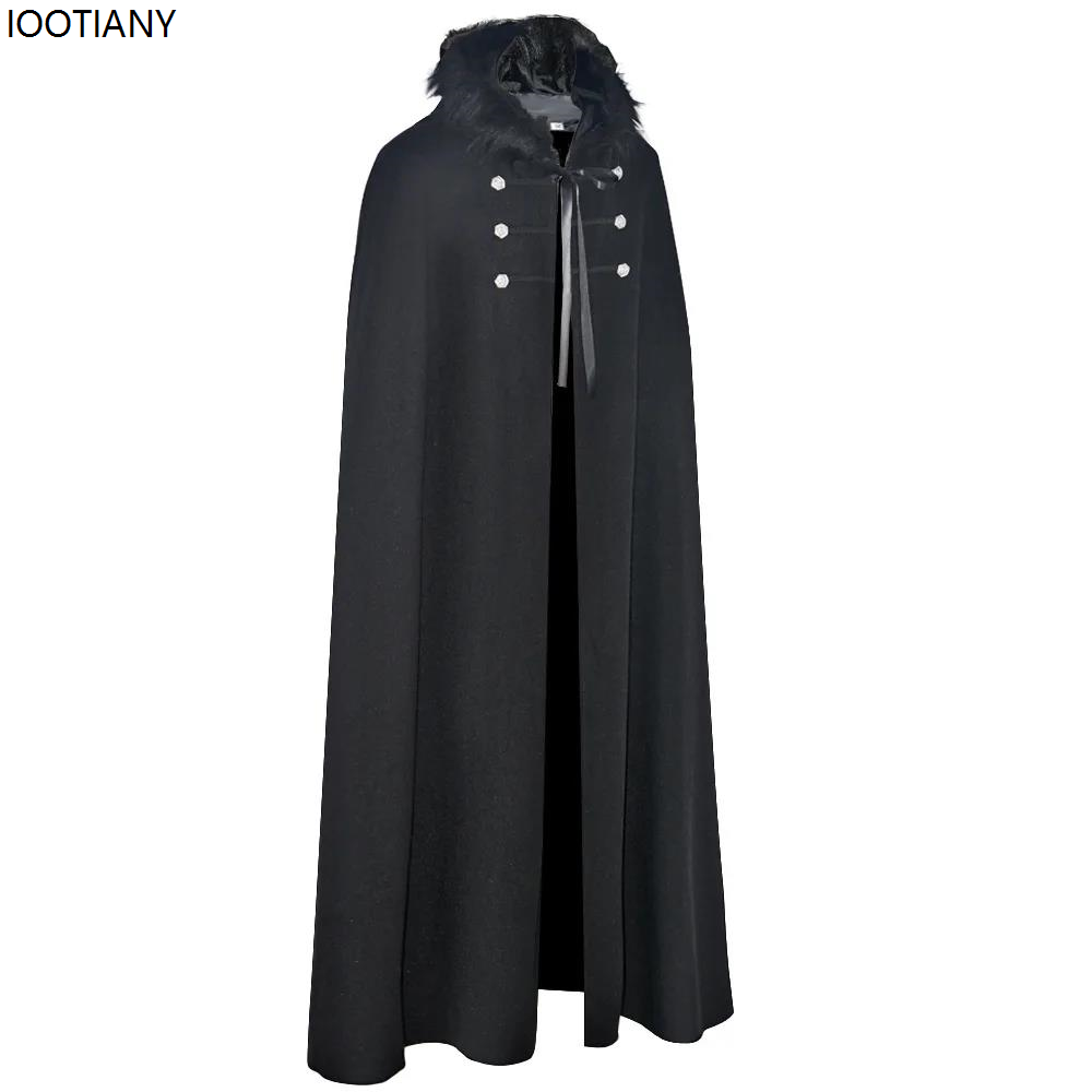 Medieval King General Cosplay Capes Halloween Festival Party Viking Hooded Fur Collar Cloak Vintage Solid Colour Steampunk Coats