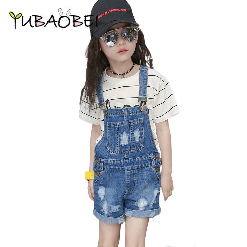 Pantalones cortos de mezclilla para niñas, mono con tirantes para niños, monos para niñas, pantalones vaqueros informales con agujeros, ropa para adolescentes