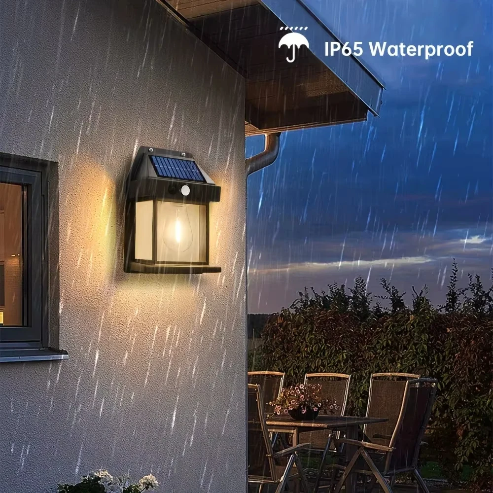 Solar--Wandleuchte für Höhle Außenbereich, Wolfram-Filament-Gartenlampe, wasserdicht, mit Bewegungssensor, 3 Modi, Solarlampe, Hofzaunleuchte