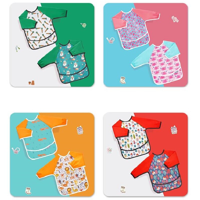 HappyFlute Button Style Bib 2pcs Set Cute Waterproof Long Sleeves With Snap Children Cloth Burp for 6-24month Baby
