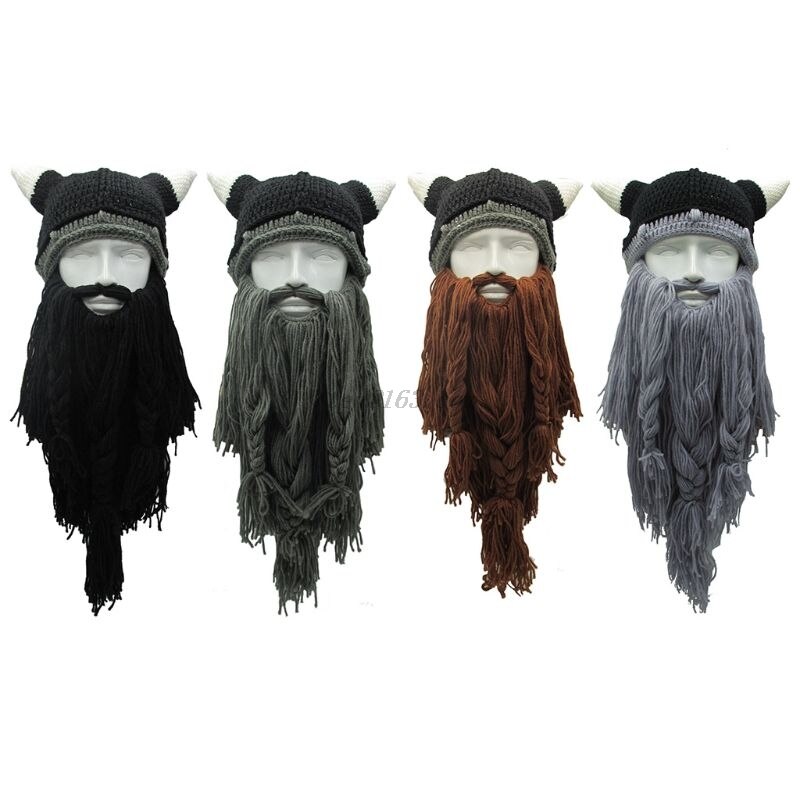 Adult Crazy Funny Halloween Cosplay Knitted Viking Beard Horn Hat Ski Mask Barbarian Vagabond Vintage Beanie Cap Winter Warmer