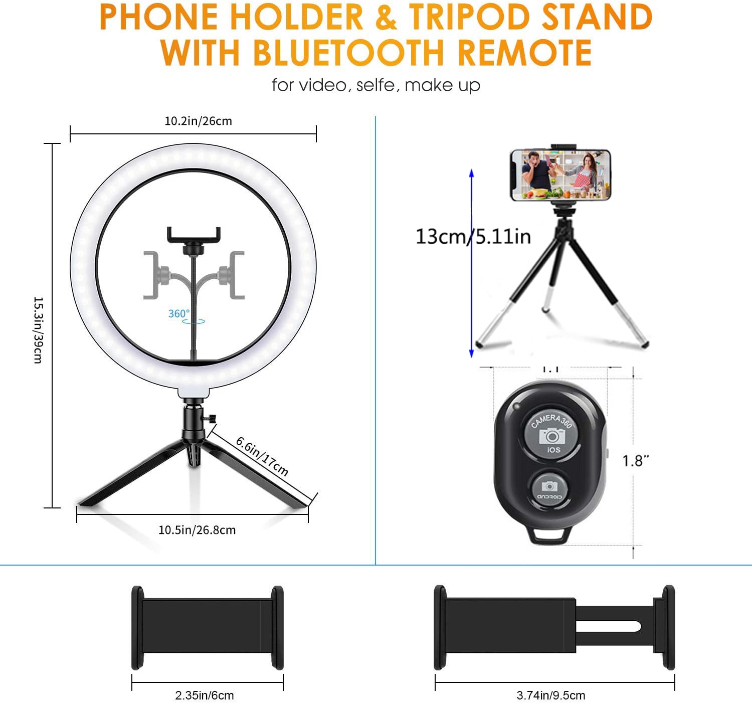 26cm LED Ring Light - 10in Dimmable Tripod Stand Holder - Photography Fill Light