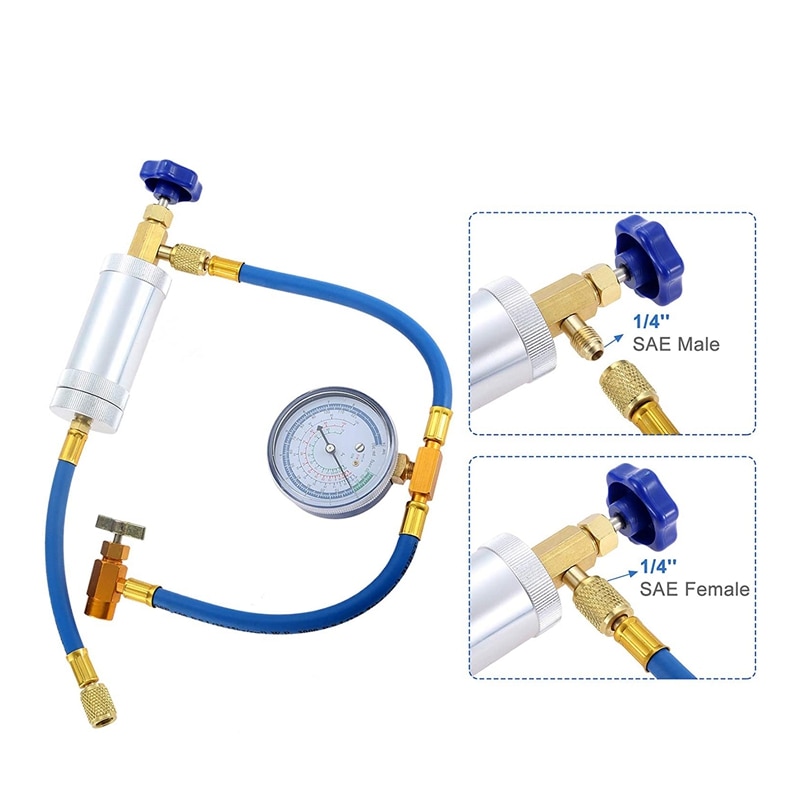 Air Conditioner A/C Oil Injector Tool R134A Low Side Quick with Gauge Refrigerant Inflation Hose R12 R134A Adapter