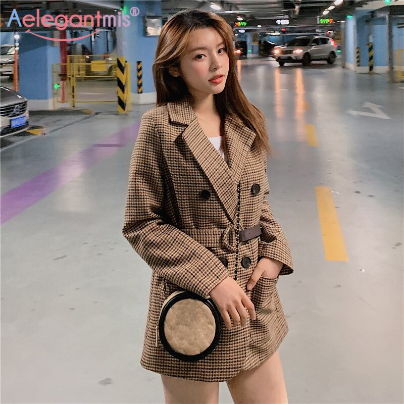 Aelegantmis-costume Vintage pour femme, Blazer à carreaux longs, vêtements d'extérieur d'affaires avec ceinture, Style anglais, printemps automne: L