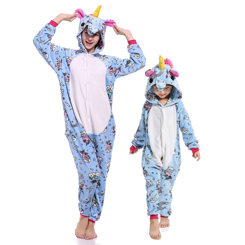 Botón azul unicornio Pegasus disfraz de pijama mono con capucha niños mono niños Kigurumi de las mujeres ropa de dormir Pijamas