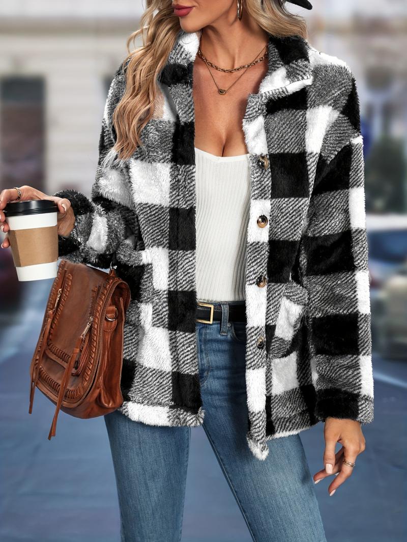 Jahrgang Jacke für Frauen Mantel Winter Oberbekleidung Knopf Karo Streetwear Tasche Outfit koreanische Herbst weibliche Kleidung