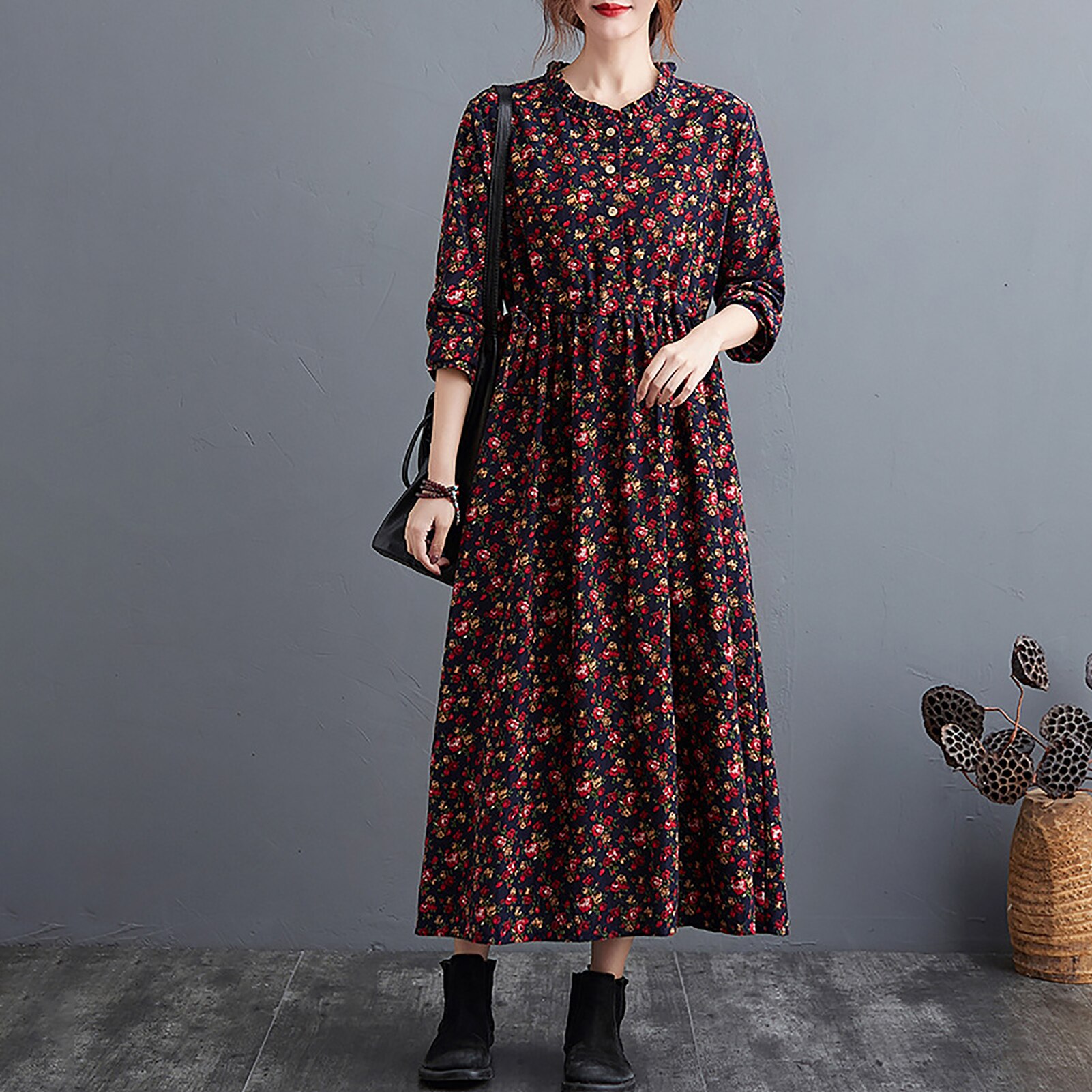 Vintage imprimé fleuri femmes robe coton lin plissé O cou taille cordon à manches longues poche latérale robes décontractées en vrac