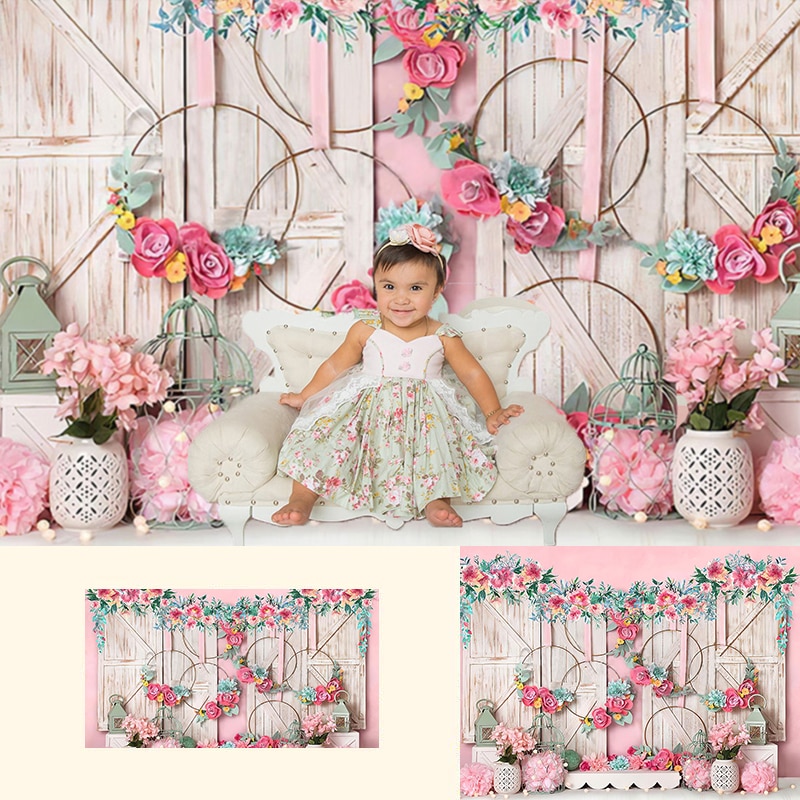 Doux -né Portrait toile de fond fille anniversaire photographie arrière-plan accessoires artistique Photocall rose fleurs bois Photo Shoot