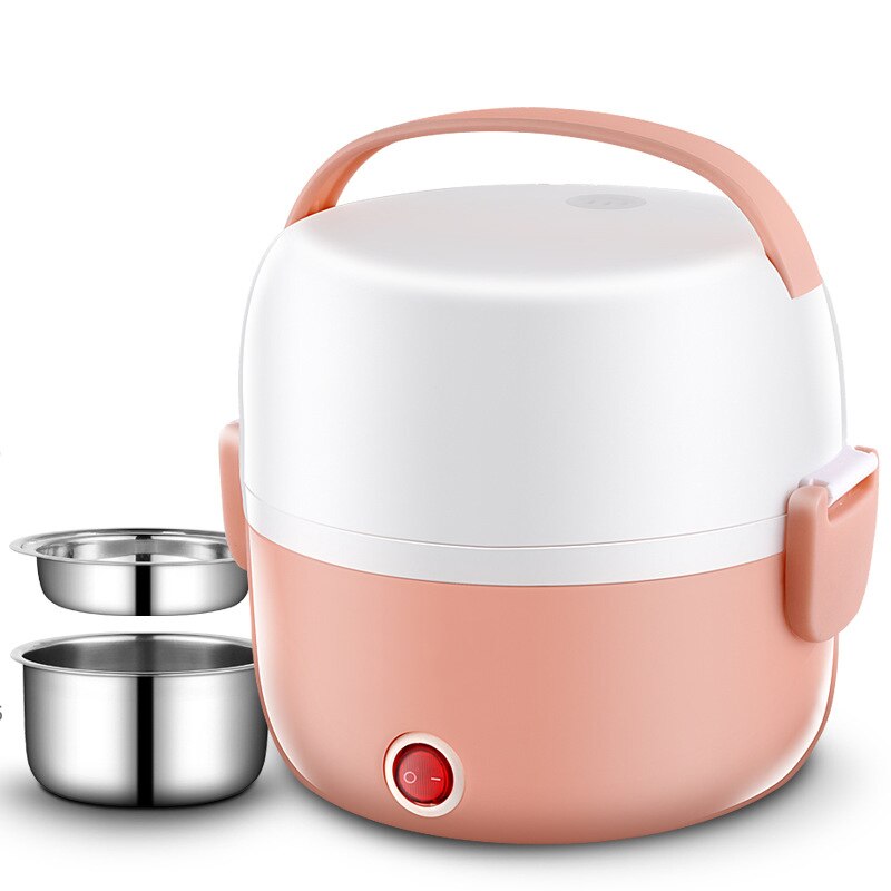 Mini Electric Rice Cooker Stainless Steel 2/3 Layers Steamer Portable Meal Thermal Heating Lunch Box Food Container Warmer 220V: Pink-2 Layer