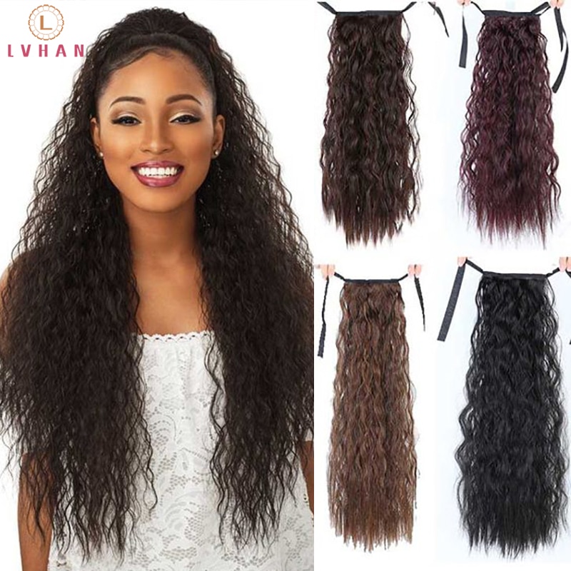 Weilai Paardenstaart Synthetische Pruik Corn Golvend Lange Wrap Op Clip Haarstukje Extensions Paardenstaarten Ombre Blond Zwart Valse Haar