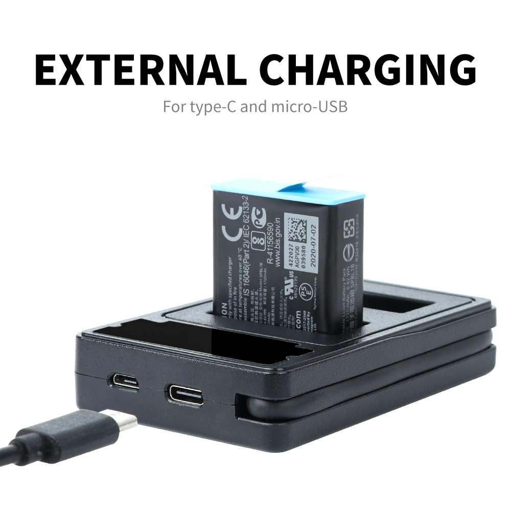 For gopro hero 9 svart tokanals batterilader lcd-skjerm type c ladekabel for gopro 9 tilbehør