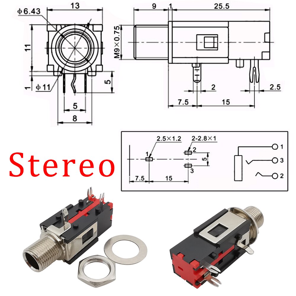 6.35mm Stereo Female Jack Audio Connector Right Angle 3 Pin 6.35mm 1/4" Jack Audio Headphone Nut Panel Mount Socket Connector