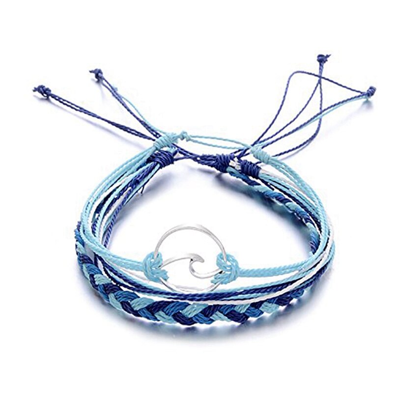 3 verstellbare freundschaftsarmbänder mit surferwellenmotiv und 5 blau-grüne strand-fußkettchen mit seilanhänger und wellenmotiv