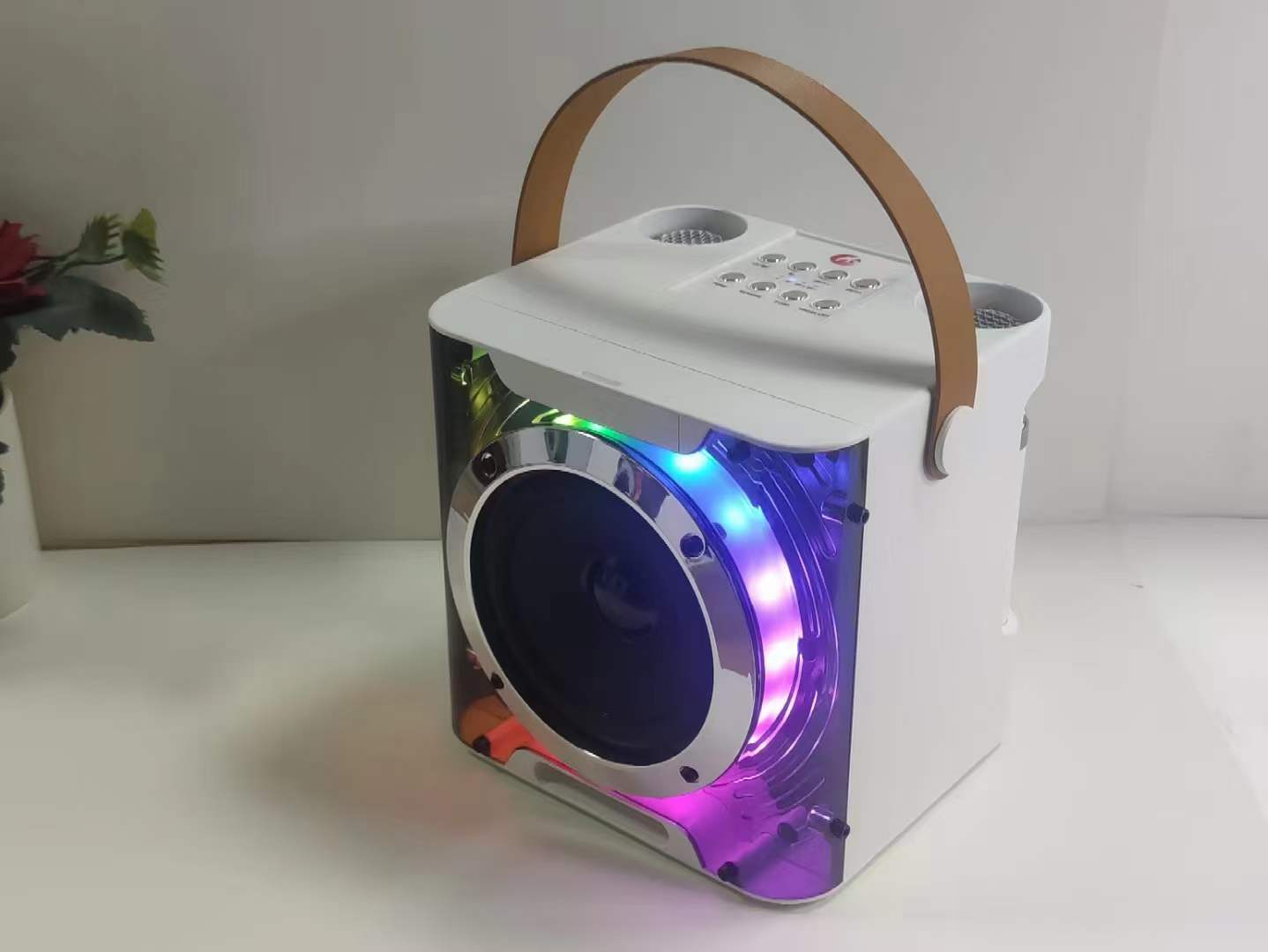 High Power Karaoke Bluetooth Speaker Music Rhythm Light 360 Stereo Surround Wireless Subwoofer with Dual Microphone Phone Hold: WHITE