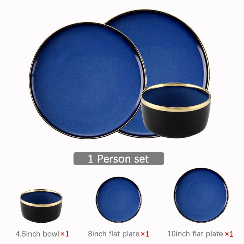 Service de vaisselle en céramique bleue, vaisselle de luxe, bordure dorée, porcelaine, assiettes, salade, nouilles, bol pour Restaurant: 1 person set