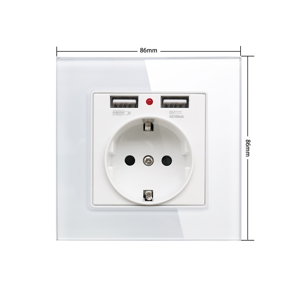 86*86mm Glass Panel EU Stopcontact met 2.1A 2 USB Poorten Opladen, 16A 2100mA Elektrische Stopcontact
