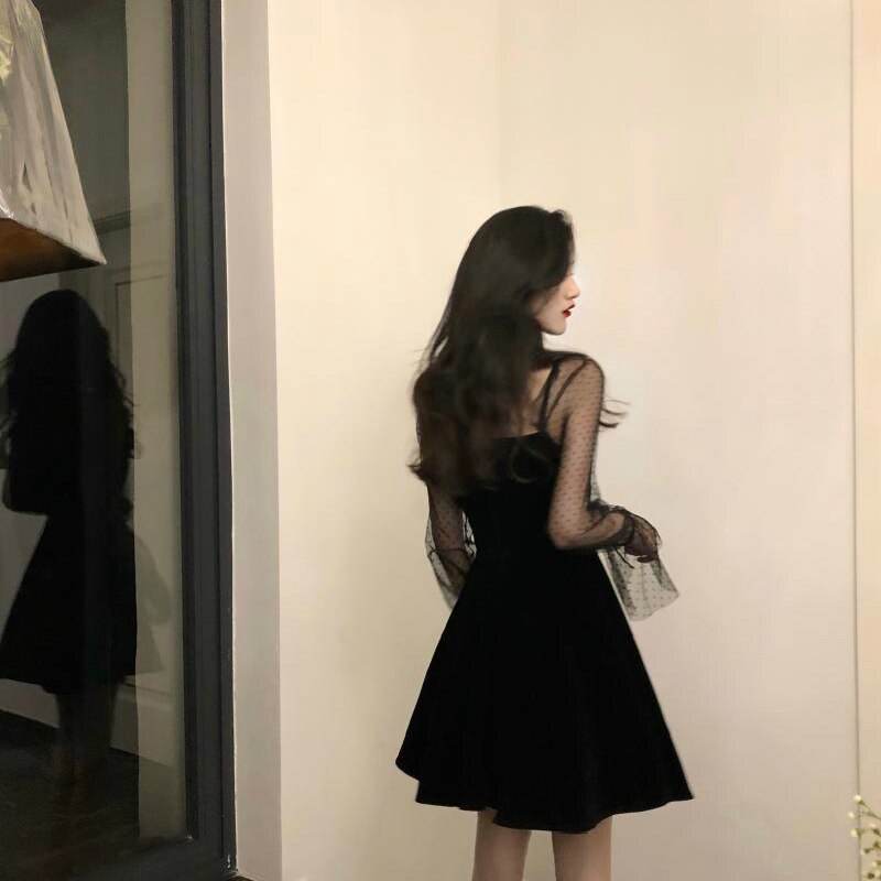 Dress Women Long Sleeve Mesh Transparent Low-cut Leisure Womens Party Dresses Mini Korean Style Loose Patchwork