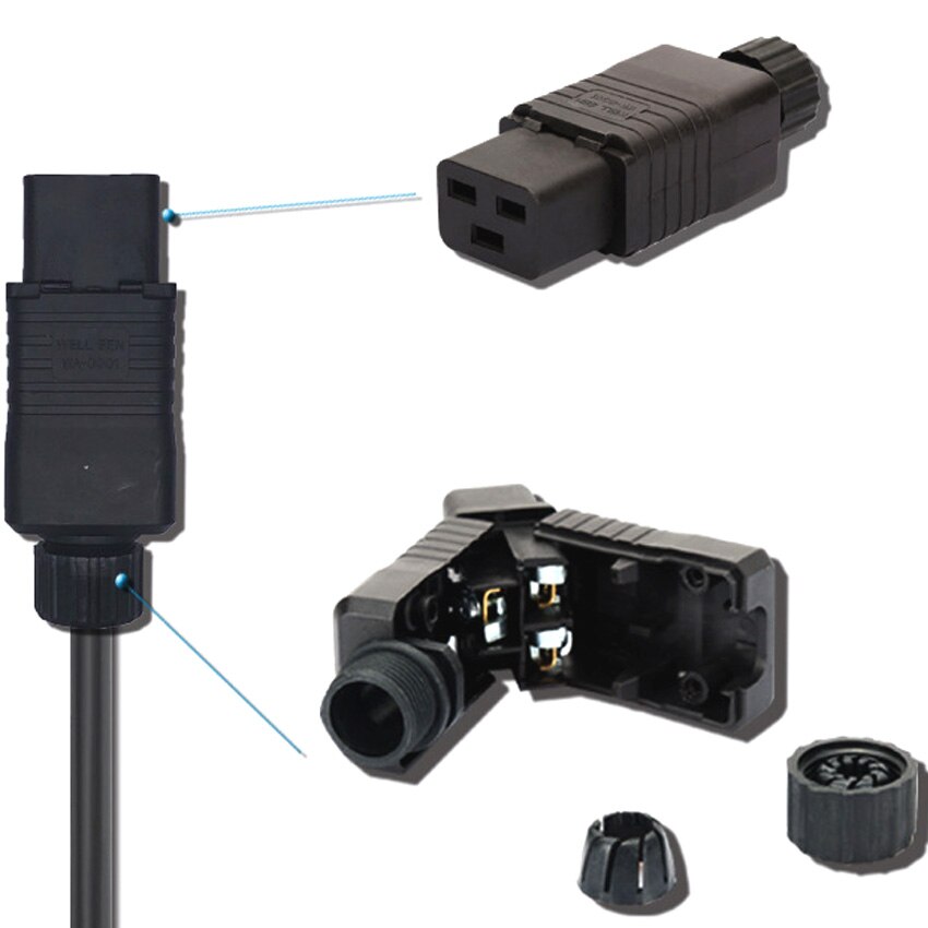 Black 16A CE Copper IEC320 C19 C20 UPS PDU Power Rewirable Connector 3P Assemble Wire Receptacle Male Female Convert Socket Plug