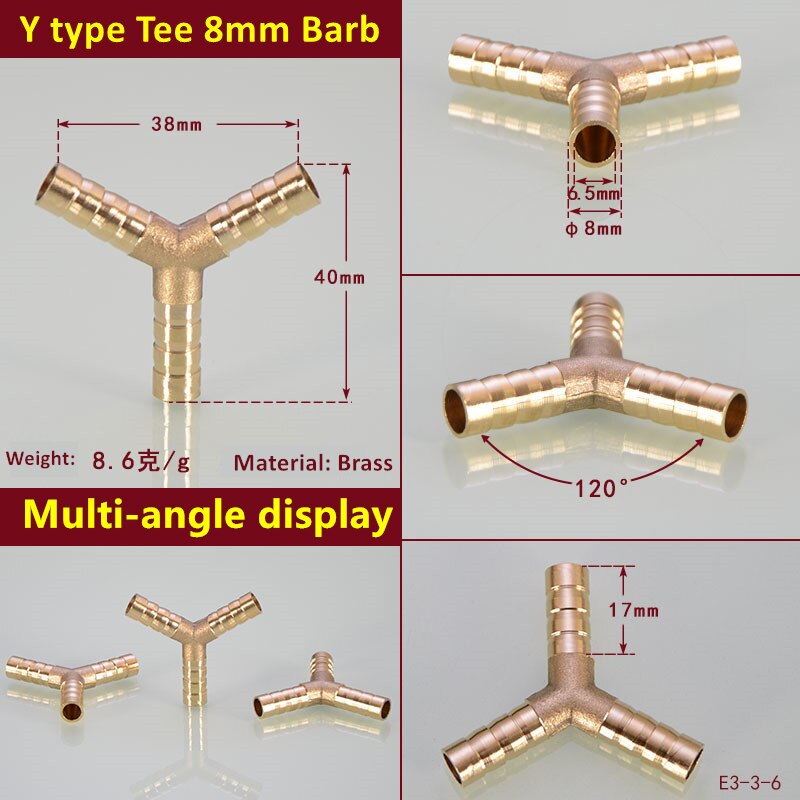 1PC Brass Barb Pipe Fitting Y Type 3 way tee connector For 4mm 5mm 6mm 8mm 10/12/14/16/19/25mm hose copper Pagoda Tube Fittings: Silver