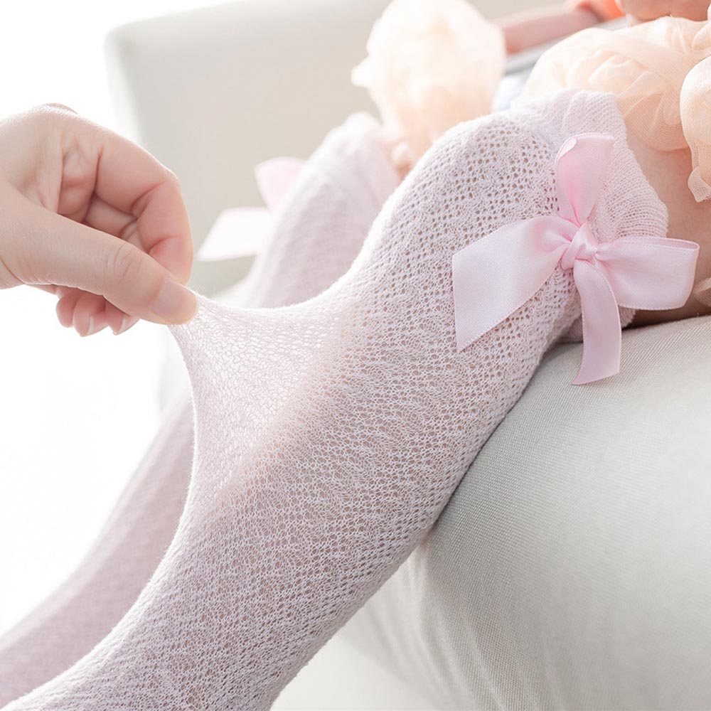 Calzini per neonato estivi calzini per bambini in cotone morbido al ginocchio calze a rete Bowknot calze per neonati traspiranti calze lunghe rosa bianco