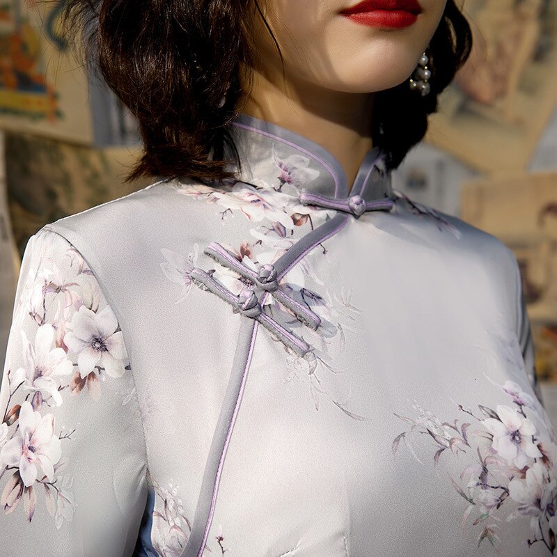 Sheng coco s -4xl cheongsam lang silkekjole dame smuk hvid kinesisk stil qipao langærmede kjoler slanke shanghai qi