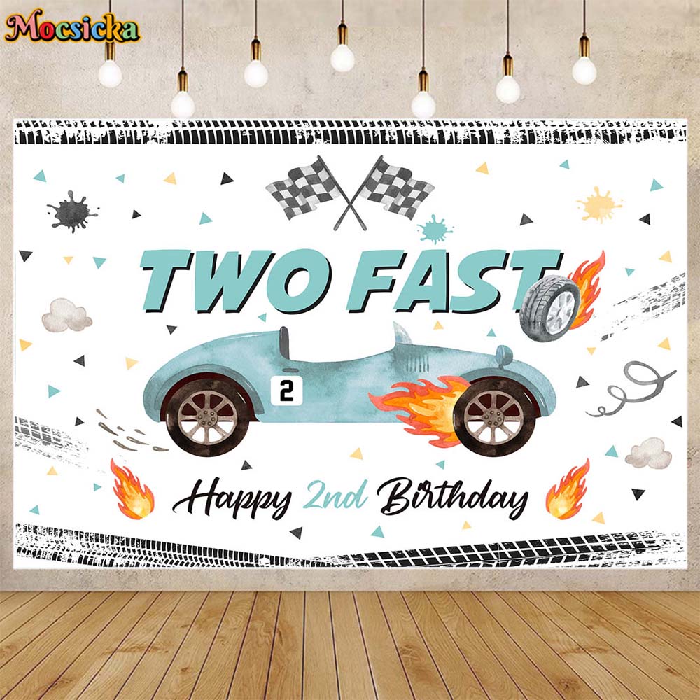 Mocsicka DUE VELOCE Felice 2° Compleanno Sfondo fotografico Rosso Auto da corsa Ragazzo Compleanno Festa Decor Sfondo fotografico Banner personalizzato