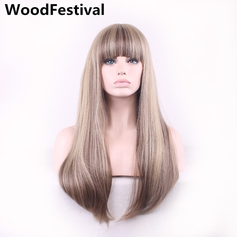 WoodFestival damskie długie peruki z prostymi włosami dla kobiet żaroodporne ciemnobrązowe mieszać kolor blond Ombre syntetyczna peruka z grzywką
