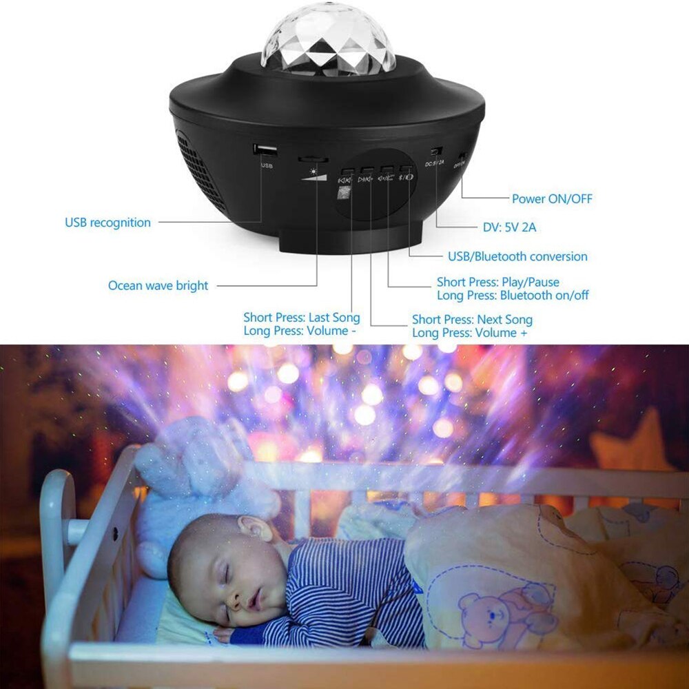 Romantische Ocean Wave Projector Nachtlampje Verstelbare Lichtheid Star Sea Projector Lamp met Bluetooth Muziek Speaker voor Baby Kid