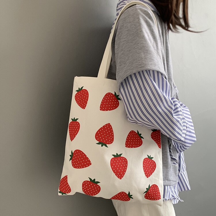 Canvas-einkaufstaschen für damen, erdbeerfarben, schultertaschen für mädchen und studentinnen, großes fassungsvermögen, umweltfreundlich, wiederverwendbar, lässige tragetasche für damen: Default Title