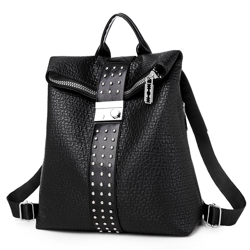 Vrouwelijke Rugzak Rugzak Schooltas Pu Leer Vrouwen Rugzak Klinknagel Schoudertas Dames Multifunctionele Tas: Black