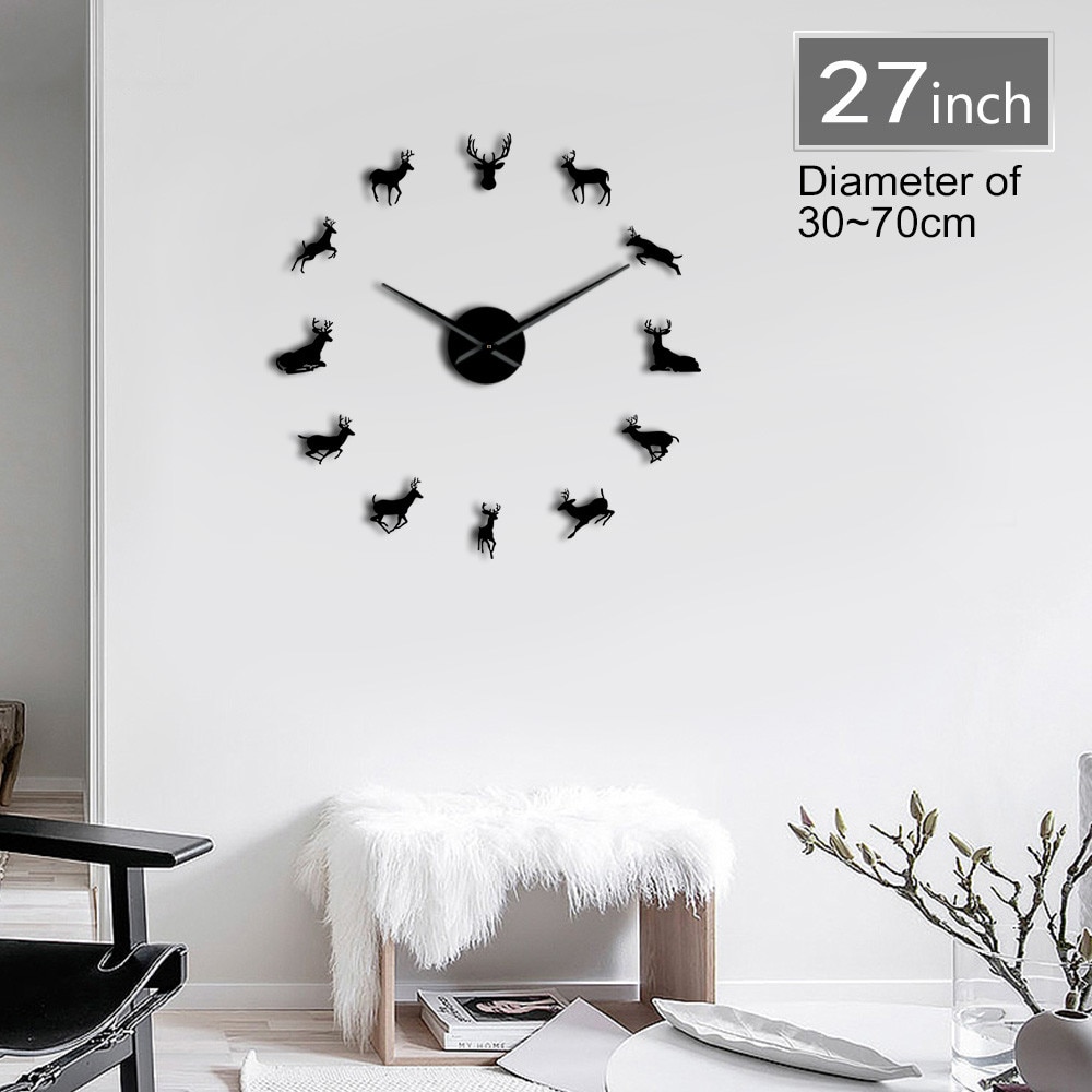 Deer Head 3D DIY Giant Size Adjustable Wall Clock Modern Deer Antler Acrylic Mirror Effect Clock Watch Kit Decoration Room Decor