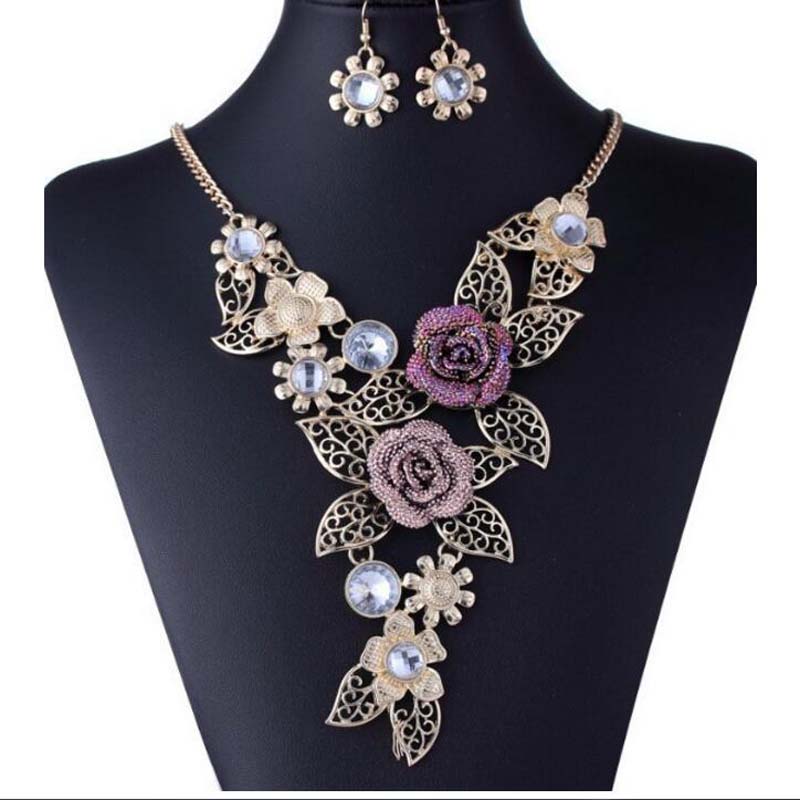 Ensemble de bijoux pour femmes, colliers multicouches, couleur or, violet, strass, cristal, laisse, bohème, collier floral, déclaration de mariage, à la: Default Title