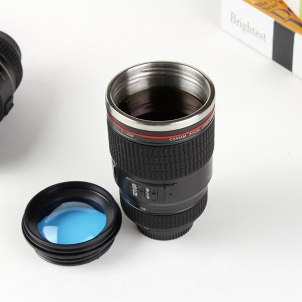 Kreative spaß schwarz weiß edelstahl objektiv tasse kreative isolierung tasse realistische kamera objektiv tasse spaß