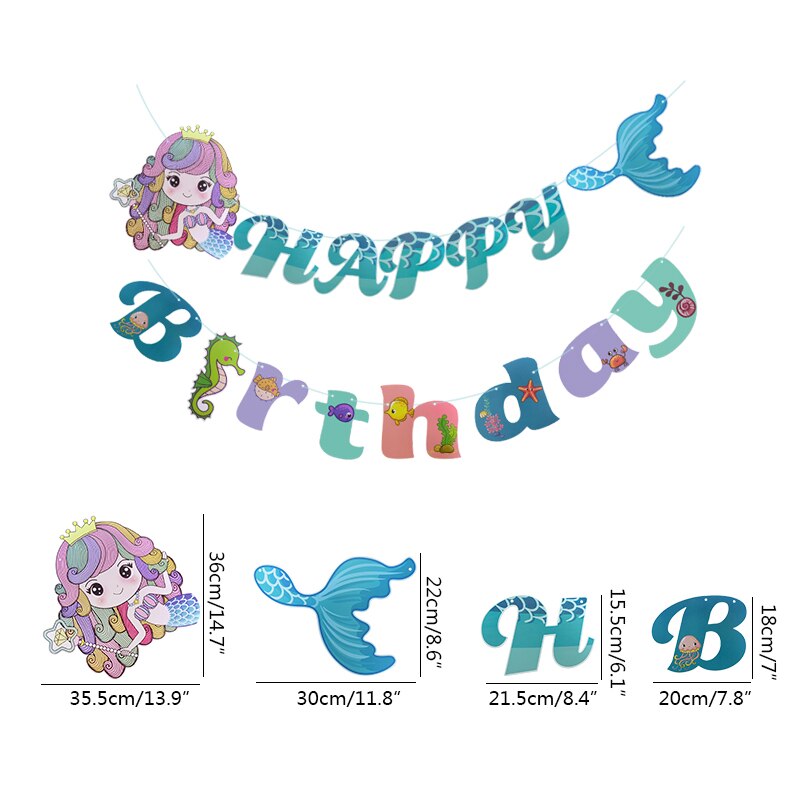 1set Happy Birthday Letter Pull Flag Wine Bottle Mermaid Baby Shower Theme Party Paperboard Banner Backdrop Decoration Supplies