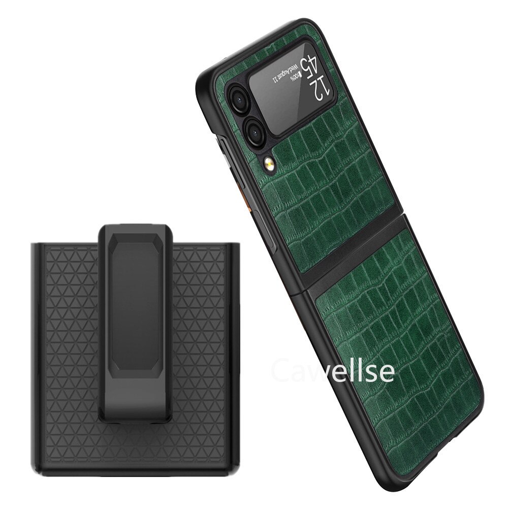 Belt Clip Holster phone Case for Samsung Galaxy Z Flip 3 5G Lychee Pattern Leather Stand Holder Slide Hip Holster Cover Z Flip3: D139-Crocodile green