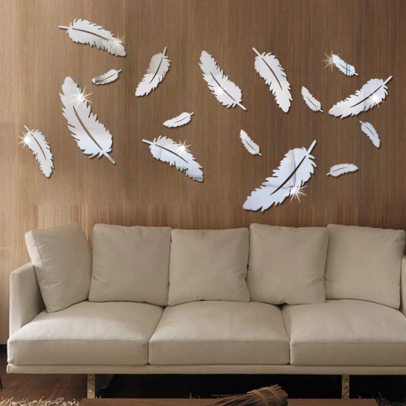 Silver DIY Acrylic Mirror Wall Stickers Feather For Living Room Bedroom Home Decals DIY Acrylic Decoration Wall Stickers