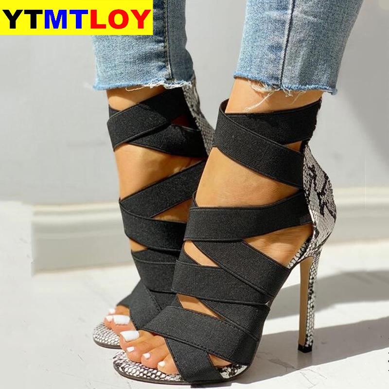 Sandalias Mujer Women's Ladies Pumps Bandage Patchwork Mixed Colors Snake High Heels Sandals Casual Shoes size36~42