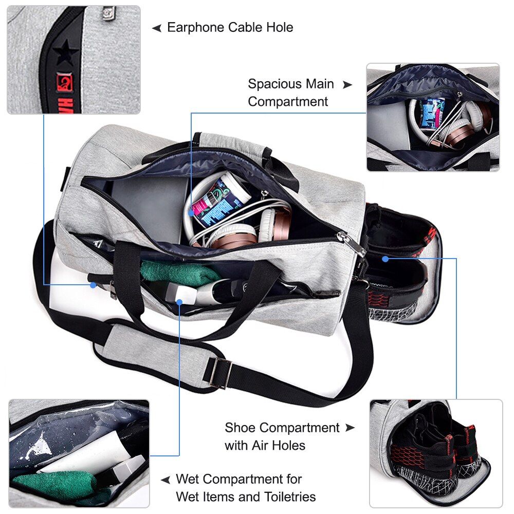Sports Gym Bag with Separate Wet Pocket Shoes Compartment Travel Duffel Bag Weekender Athlete Fitness Bags Handbag for Men Women