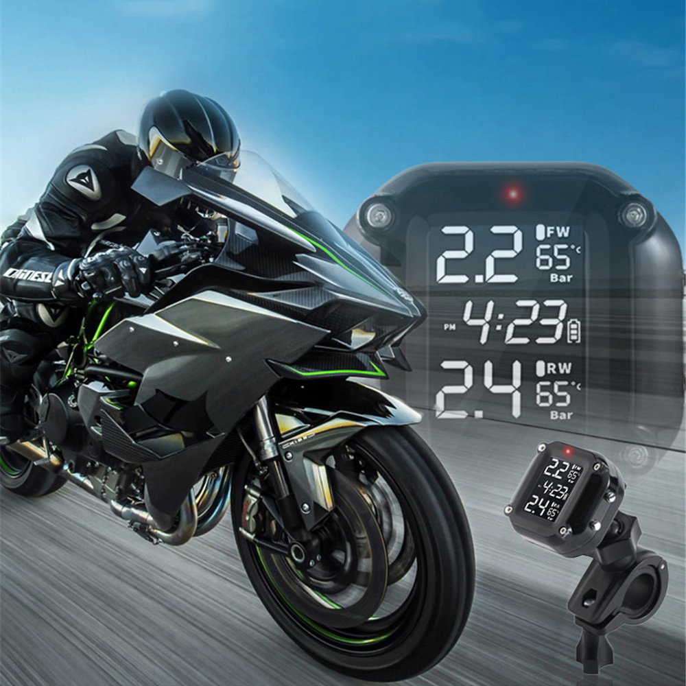 Motorcycle TPMS - LCD Display - 2 External Sensors - Waterproof - Battery Operated