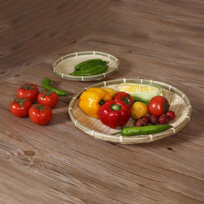 Handgemaakte Bamboe Zeef Rieten Weven Mand Ronde Fruit Brood Mand Platen Snack Voedsel Picknick Groente Gerechten Rotan Mand