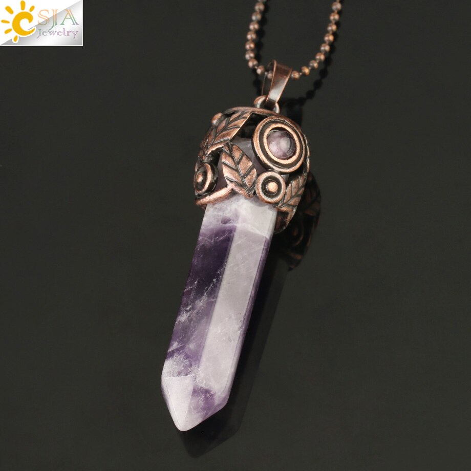 CSJA Naturale Pietra di Cristallo Pendenti con gemme e perle Rosso Antico di Rame Esagonale Colonna Pendente di Energia Femminile Degli Uomini Collane Dei Monili Dell'annata G178: Amethyst Chain