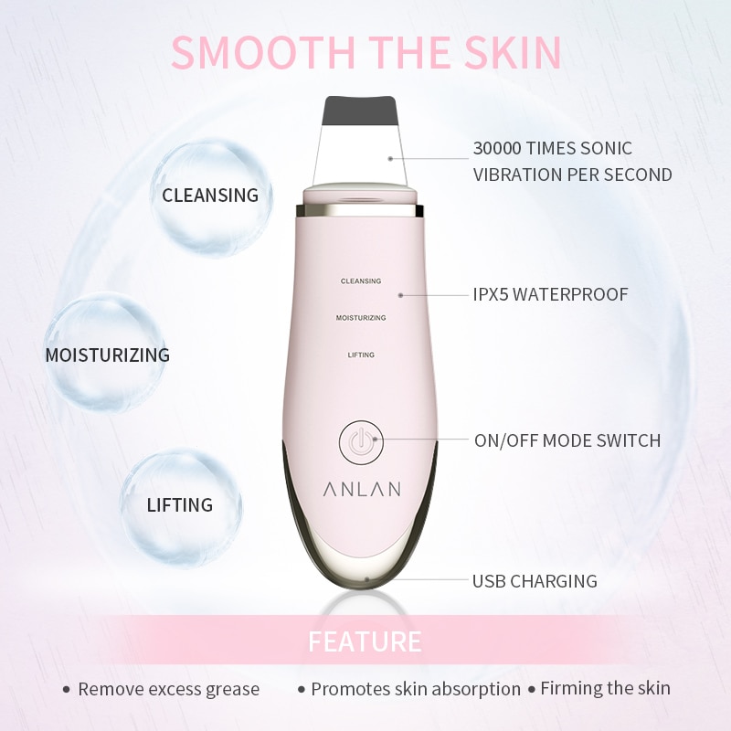 Anlan ultralyd ion rensing blackhead massasje hudscrubber peeling spade ansikts porerens maskin hudscrubber spatel