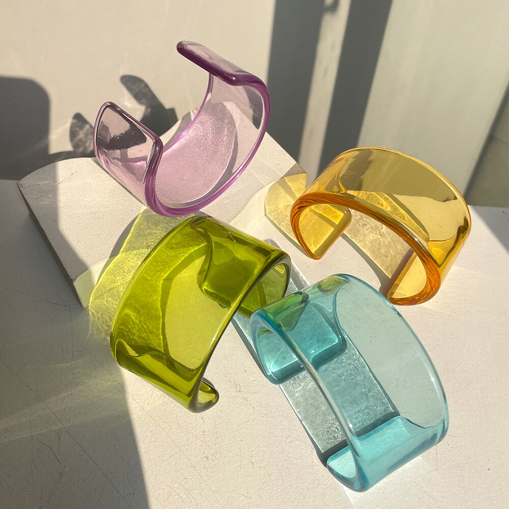 HZ – Bracelet Transparent en résine acrylique colorée, géométrique, Simple, ouvert, Version large, pour femmes et filles, de bijoux,