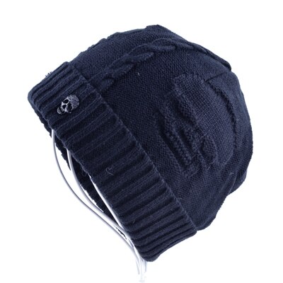 Super kule hodeskalle mønster luer for menn strikket ull pluss fløyels bein ensfarget hip-hop lue vinter dame lue gorro cap: Blå