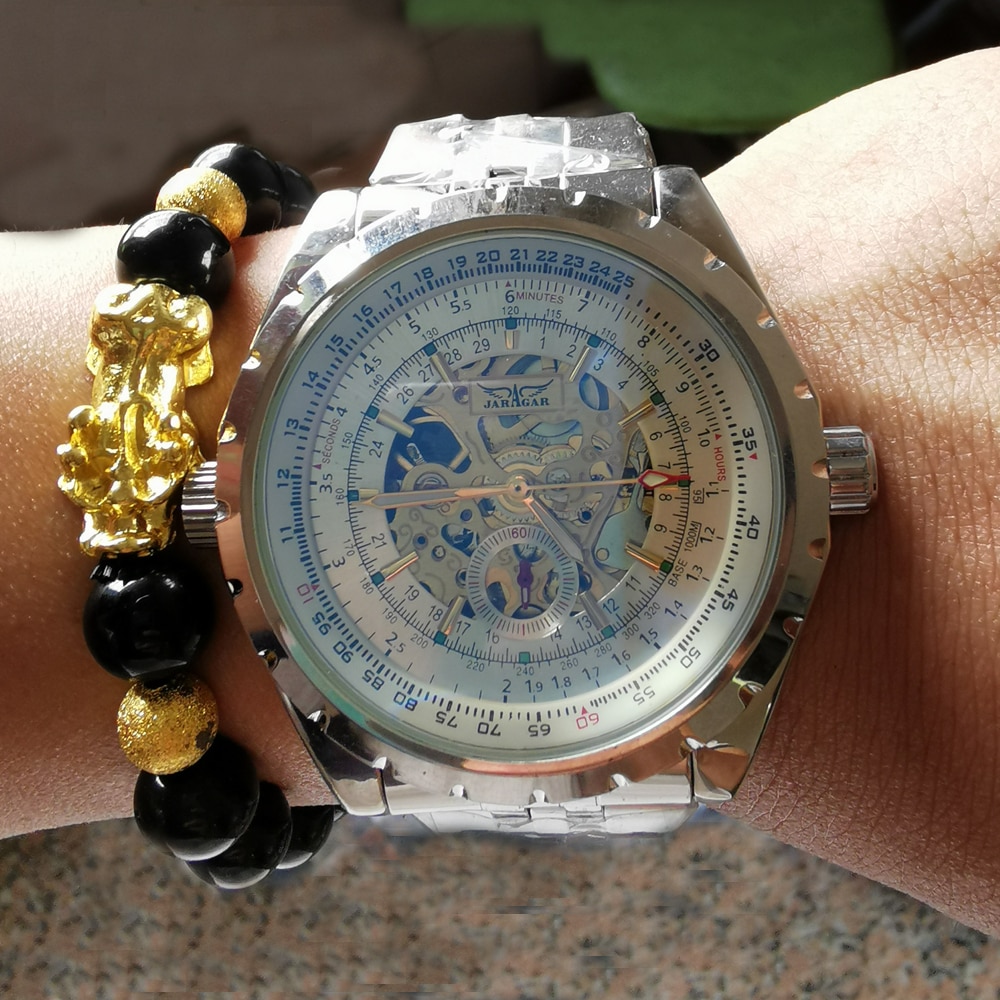 Relogio Luxe Automatische Mechanische Horloge Gold Skeleton Dial Zilver Roestvrij Stalen Band Horloges Voor Mannen