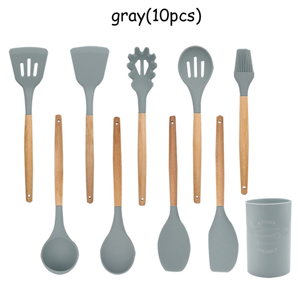 Silicone Kitchenware Cooking Utensils Set Heat Resistant Kitchen Non-Stick Cooking Utensils Baking Tools With Storage Box: gray 10PCS
